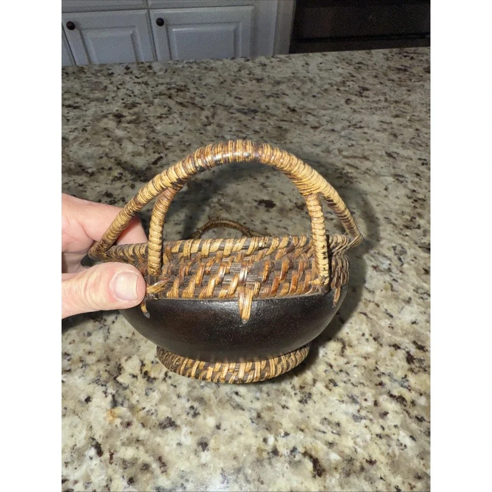 Mid Century Modern Rare Vintage Wood Palecek‎ Inlaid Oval Seed Bowl - Woven 5249